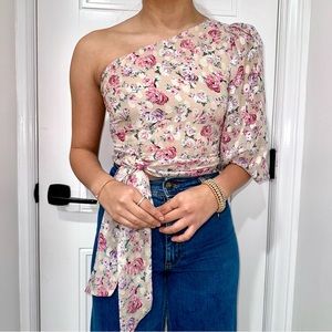 Express Floral One Shoulder Puff Sleeve Tie Waist Top